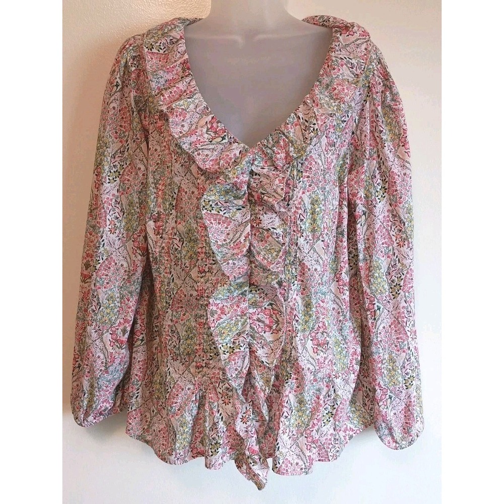 Talbots Plus 1X Floral Button FrontRuffle Blouse Cotton Pintuck Cottagecore Boho